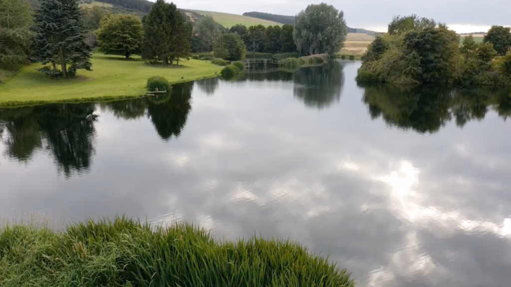 Drone view of Wormit Trout Fishery near Dundee, overlooking the 5-acre loch and grounds